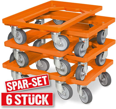 6x Logistikroller/Transportroller für Kisten 600x400 mm, Tragkraft 250 kg, orange