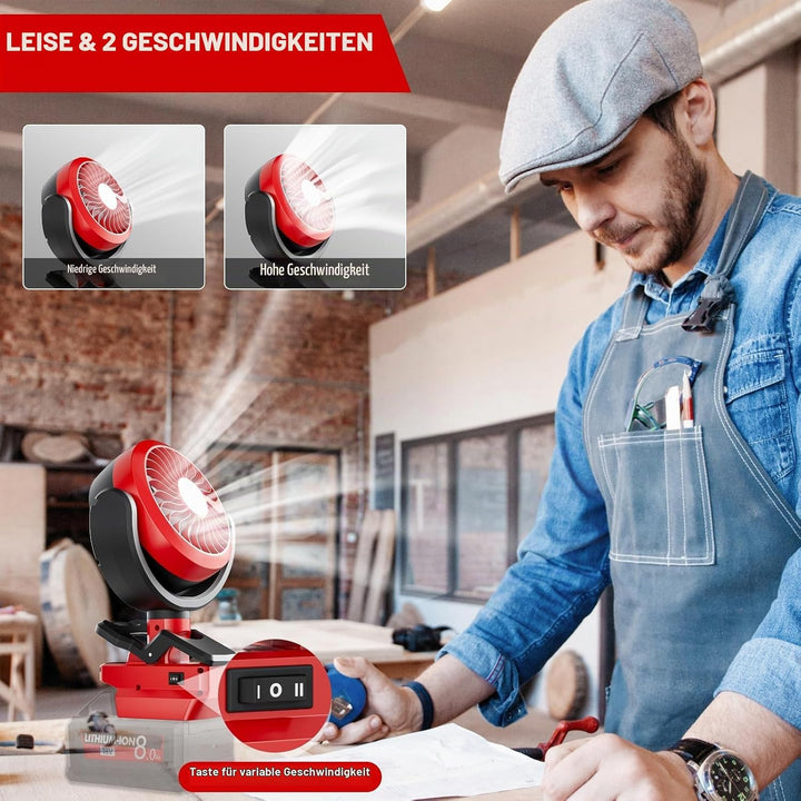 Tragbarer Akku-Clip-Ventilator kompatibel mit Milwaukee M18 18V (ohne Batterie) mit LED Leuchten für