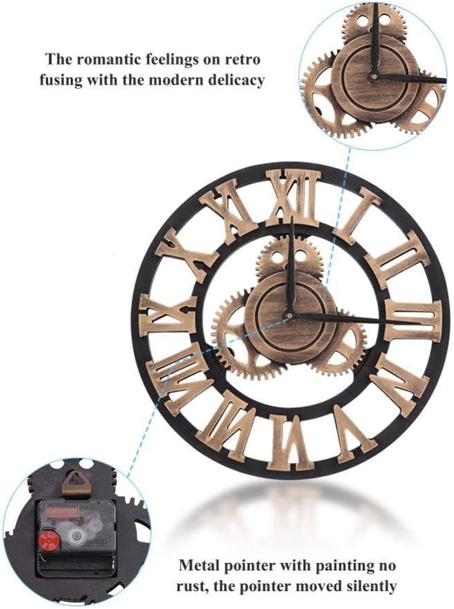 HAITANG Grosse Wanduhr im Vintage-Stil,schwarz Wanduhr rund, Metall Geräuschlos Nicht tickend batter