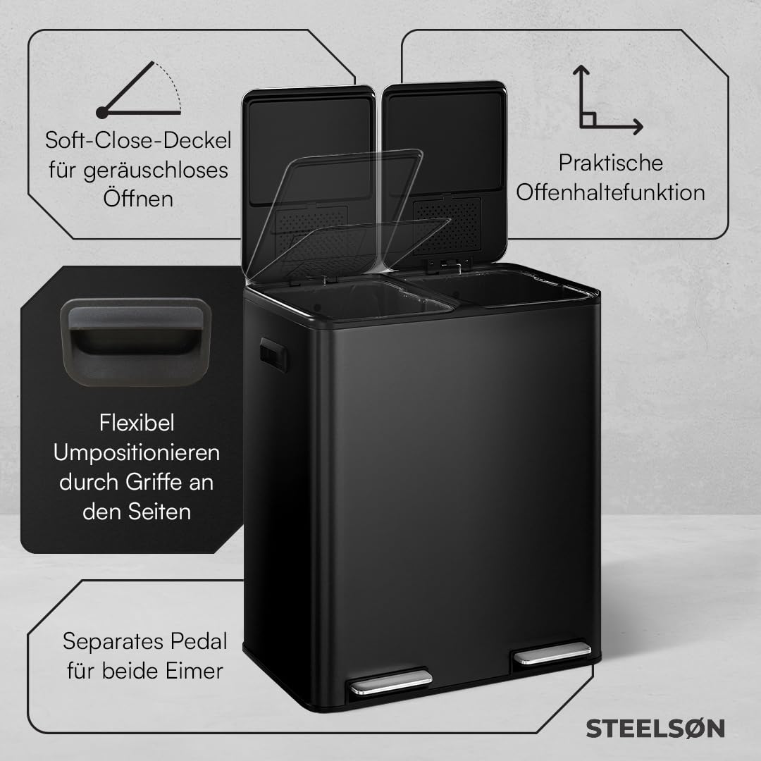 STEELSØN Elyron Mülleimer 2 Fächer – Mülltrennsystem Küche 2x30L aus Edelstahl Schwarz – Tretmülleim