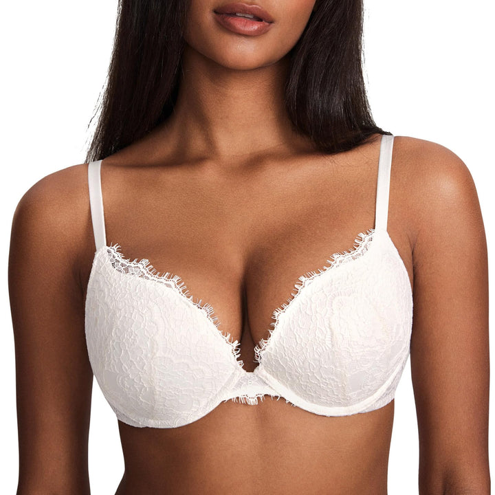 DOBREVA Damen Push Up BH mit Blumen Wimpern Spitze Sexy Bügel BHS Gepolstert 70D Kokosnuss Weiss, 70