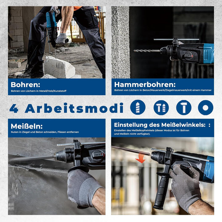 DongCheng Bohrhammer 800W, Schlagenergie 2.8 J, Leerlaufdrehzahl 0-1200U/min, mit 4 Drill Bit SDS pl