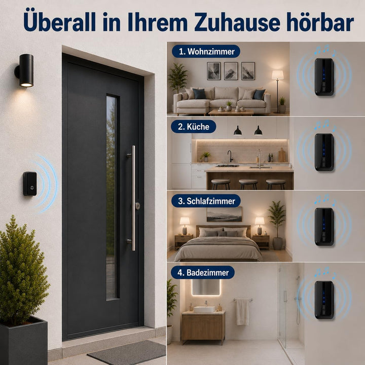 Funkklingel Set, batterielos, 1 Sender, 4 Empfänger | Keine Batterien erforderlich, 200 m Reichweite
