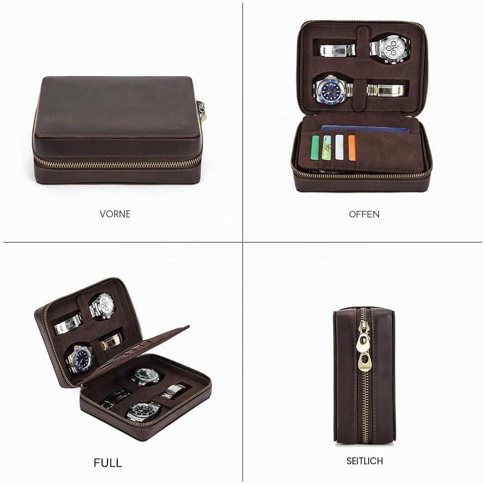 Hiram Multifunktionales Uhrenetui für 4 Uhren, tragbar, echtes Leder, Uhren-Organizer-Box für Damen