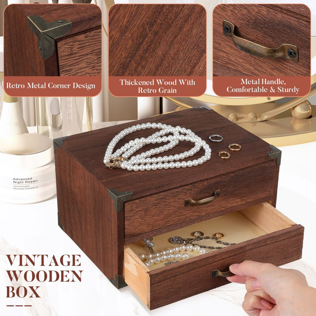 Ciieeo Vintage Schreibtisch Organizer aus Holz, Retro Aufbewahrungsbox mit 2 Schubladen und Metall-E