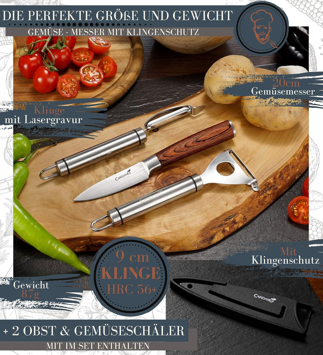 Obstmesser Set - 1x Gemüsemesser Holzgriff mit Klingenschutz - 2x Schälmesser - Scharfes Messer für