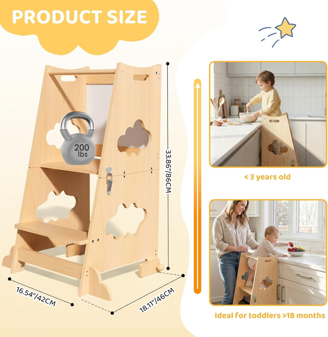 KIDINIX Lernturm ab 1 Jahr, 3 in 1 Montessori Learning Tower mit Sicherheitsgeländer und Tafel, Klap