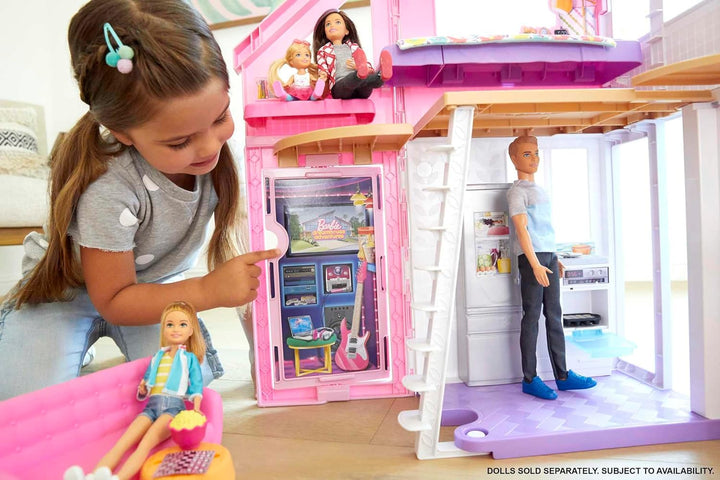 Barbie Malibu Haus, zweistöckige Traumvilla, mit 6 Zimmern, 25+ Barbie Zubehör, ohne Barbie Puppen,