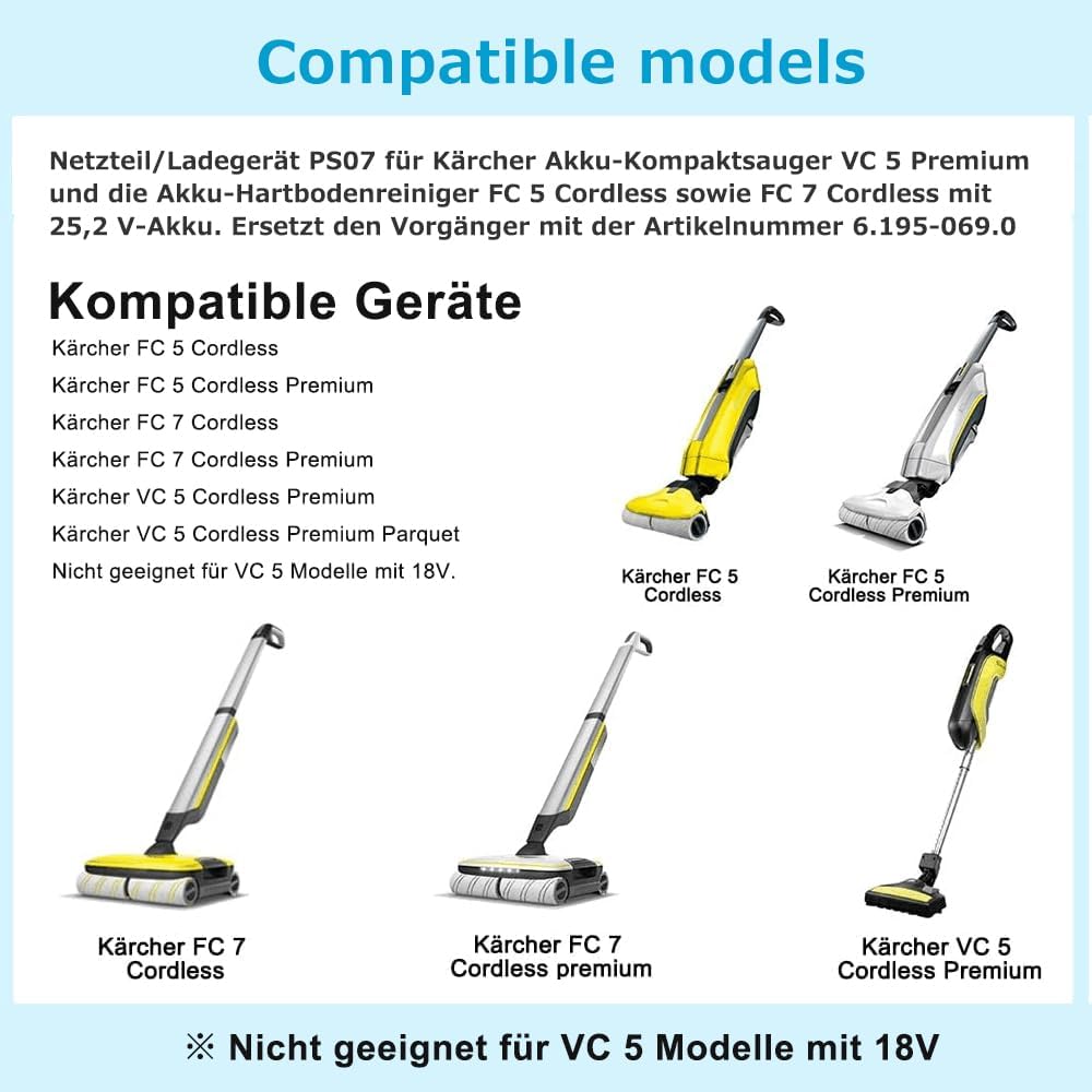 KFD Netzteil 30V 600mA Ladegerät Ladekabel für Kärcher FC7 PS07 FC5 Cordless Premium Hartbodenreinig