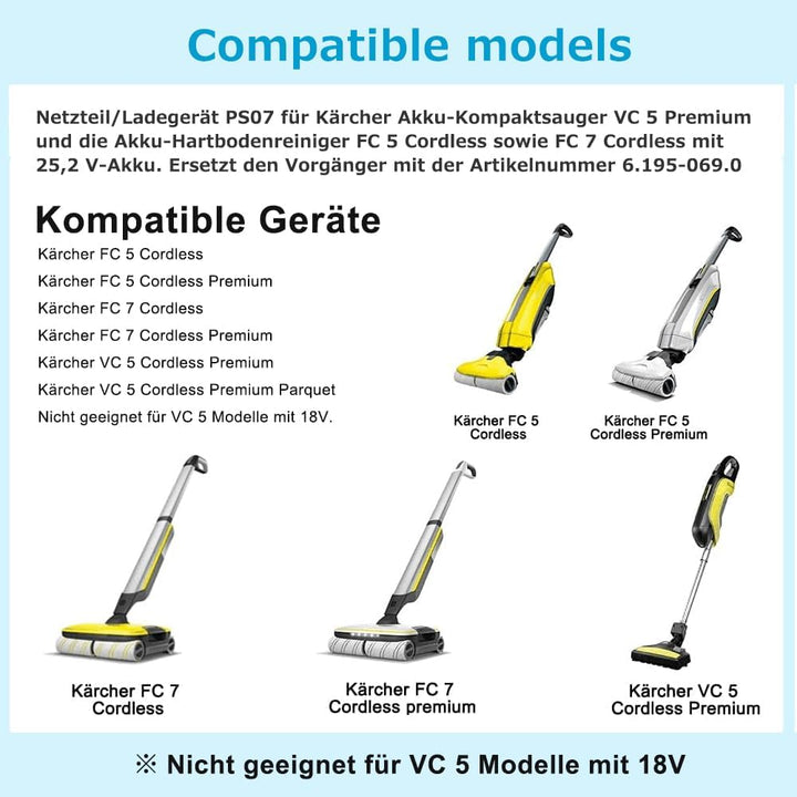 KFD Netzteil 30V 600mA Ladegerät Ladekabel für Kärcher FC7 PS07 FC5 Cordless Premium Hartbodenreinig