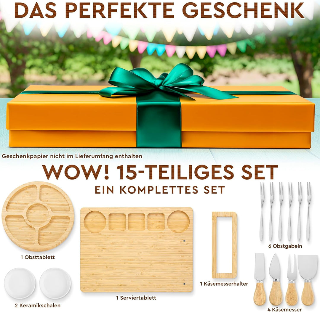 Charcuterie Boards Premium Geschenkset – 15-teilig, Bambus – grosses Käsebrett plus Obsttablett als