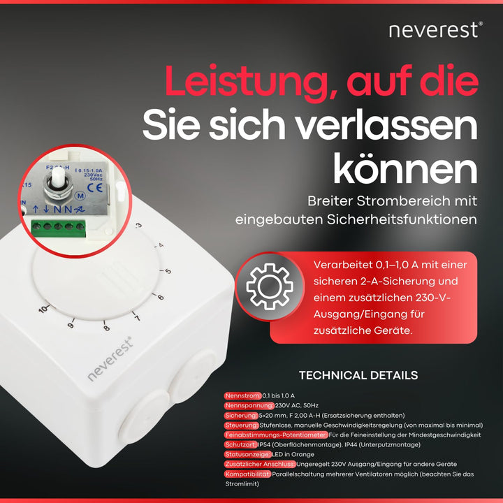 neverest® Dimmer 1.5 A - Drehzahlregler für Ventilatoren, Pumpen, 1.5 A