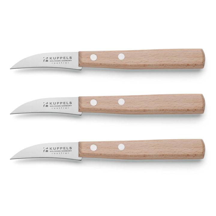 Kuppels Schälmesser Set 3-tlg, gebogene Klingen, Buchenholzgriff | Tourniermesser, Kartoffelschäler