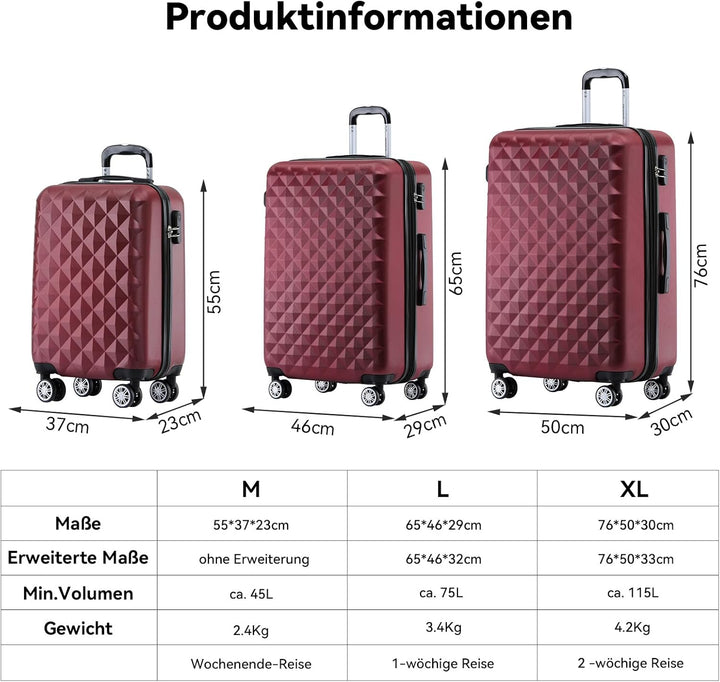 BEIBYE Zwillingsrollen 2066 Hartschale Trolley Koffer Reisekoffer Gepäck M-L-XL-Set (Weinrot, Set) W