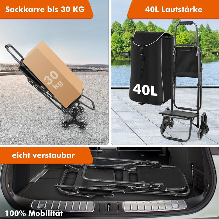 Sararoom 3 in1 Einkaufstrolley - 40L Trolley klappbar, Abnehmbare &amp; regenfeste Tasche, Einkaufswagen