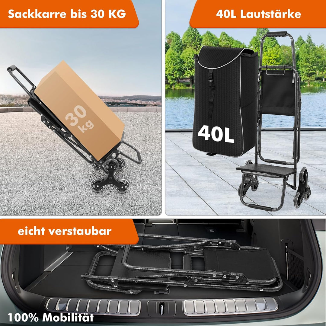 Einkaufstrolley Treppensteiger, Trolly Einkaufswagen Klappbar mit 3 Räder, Wasserdichter, 40L Schwar