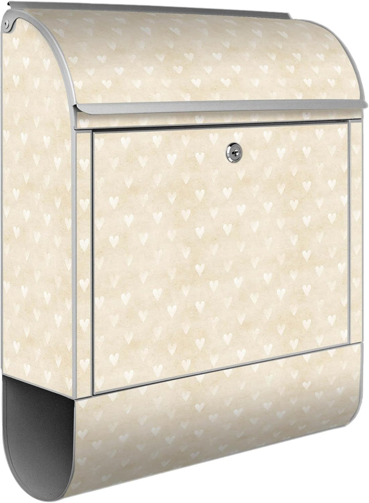 banjado® Design Briefkasten mit Motiv Beige Herzen 39x47x14cm &amp; 2 Schlüssel - Briefkasten Stahl Silb