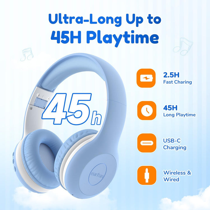 EarFun Bluetooth Kopfhörer Kinder, 74/85/94dB Lautstärkeregelung, HiFi Sound, HD-Mikrofon, 45 Std Ak