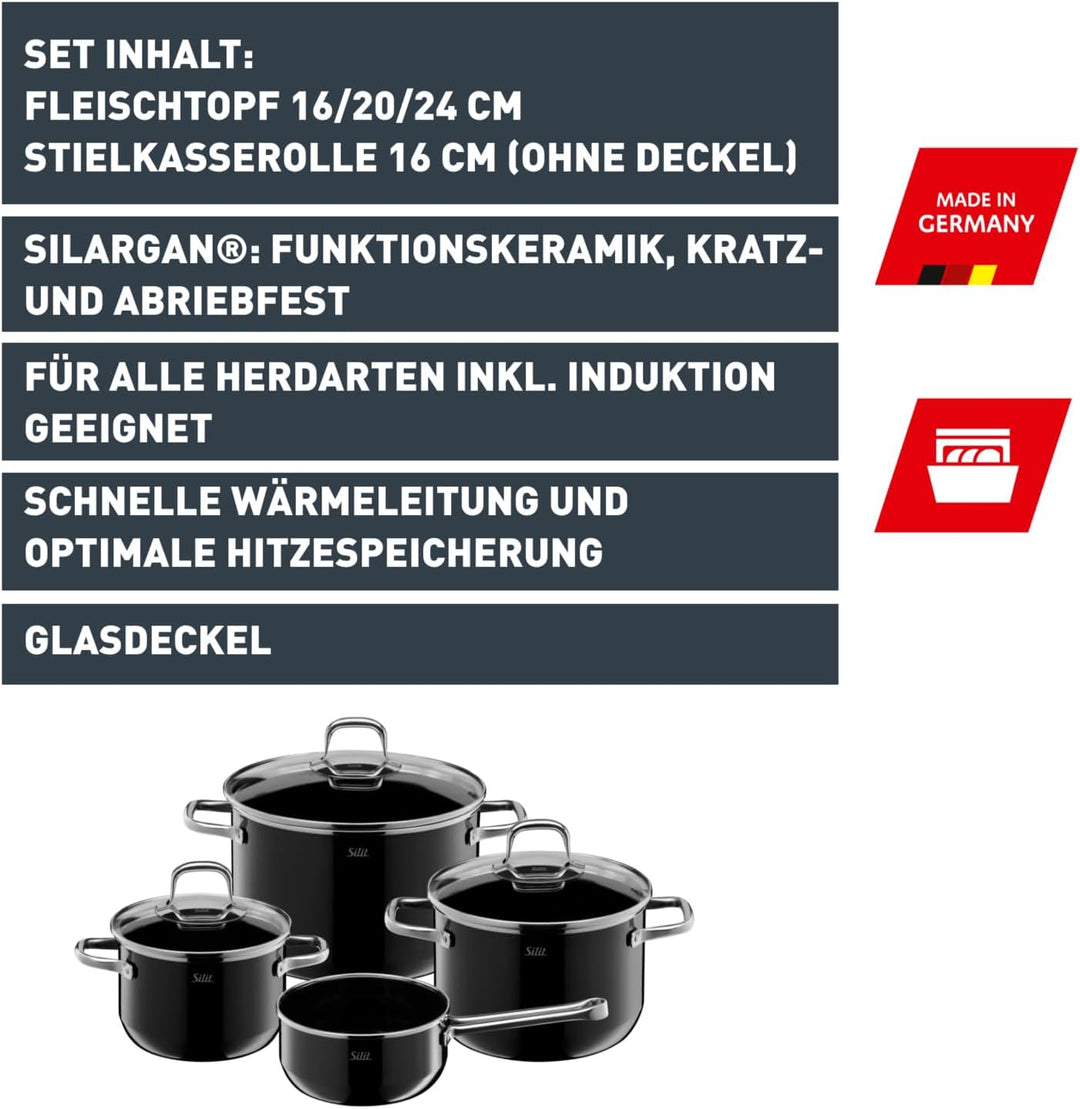 Silit Elegance Line Topfset Induktion 4-teilig, Kochtopf Set mit Glasdeckel, Silargan Funktionskeram