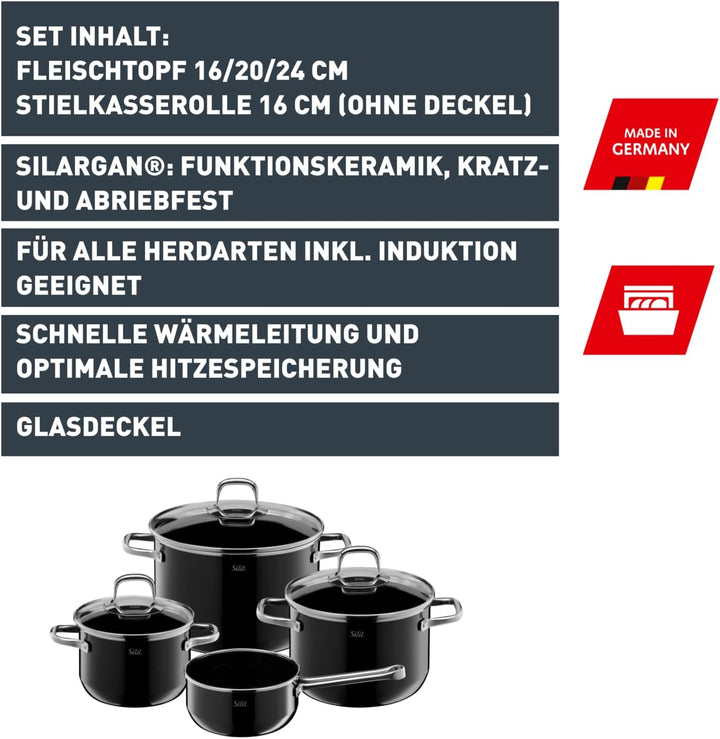 Silit Elegance Line Topfset Induktion 4-teilig, Kochtopf Set mit Glasdeckel, Silargan Funktionskeram