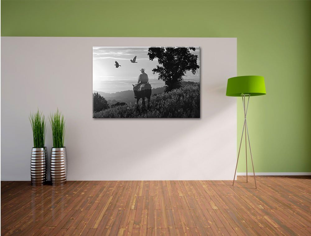 Pixxprint EIN Cowboy im Sonnenuntergang Kunst B&W, Format: 100x70 auf Leinwand, 100x70