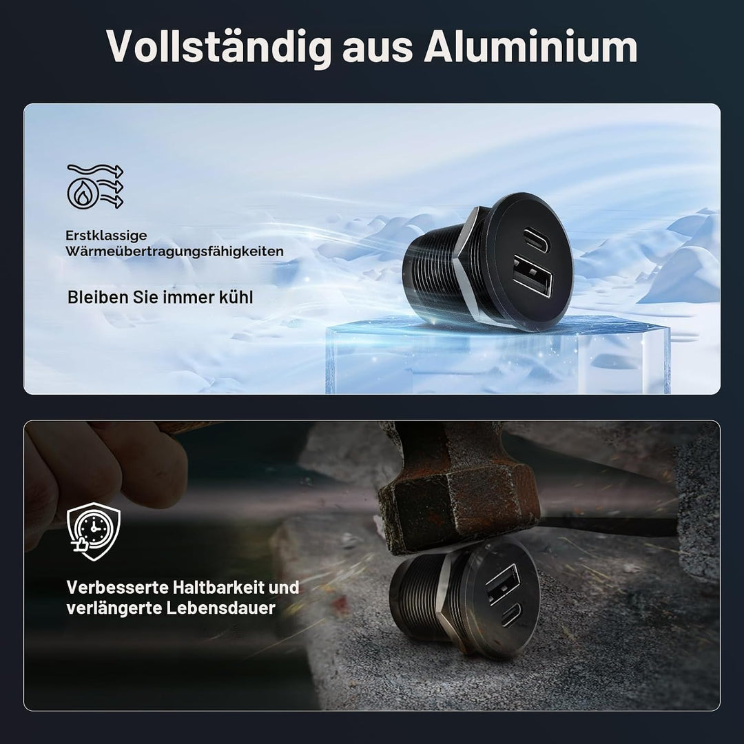 acegoo USB C Steckdose 12V Wohnmobil Ladegerät Vollaluminium, Typ C USB Anschluss PD3.0 QC3.0 KFZ Bu
