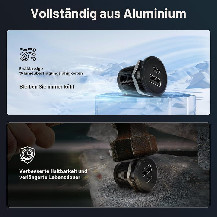acegoo USB C Steckdose 12V Wohnmobil Ladegerät Vollaluminium, Typ C USB Anschluss PD3.0 QC3.0 KFZ Bu