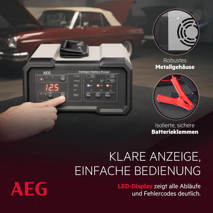 AEG Batterieladegerät CW20 lädt alle 6 V und 12 V Batterien, umfangreicher Sicherungsschutz, mit Lad