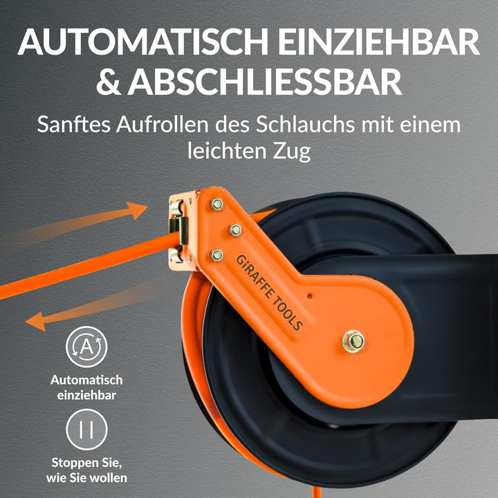 Giraffe Tools Automatik Druckluftschlauchtrommel 15M Plus mit 180° Schwenkbracket, Automatische Aufr