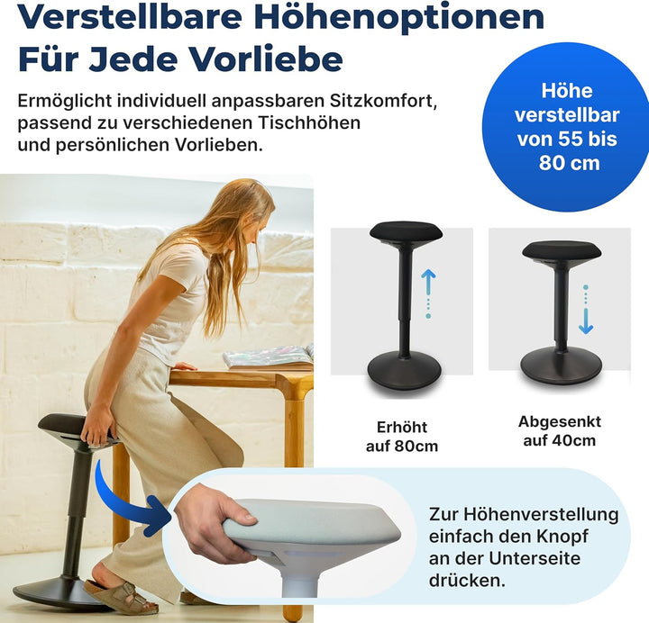 Backerz ergonomischer Wackel-Hocker - Bürohocker mit 55-80 cm Höhenverstellbar, Stehhocker, Arbeitsh