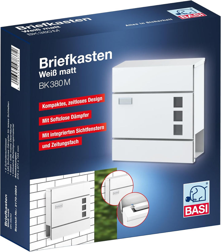 BASI | Briefkasten mit Softclose Klappe, Sichtfenster & Namensschild | DIN A4 Einwurf | inkl. 2 Schl