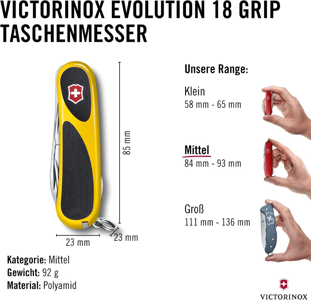Victorinox Taschenmesser Evolution 18 (15 Funktionen, Ergonomisch, Klinge, Nagelfeile) Gelb/Schwarz,