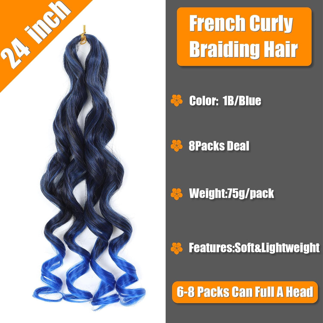 French Curl Braiding Hair 24 Inch 8 Packs Loose Wavy Braiding Hair Pre Stretched 1B/Blue 75g/Pack Cu