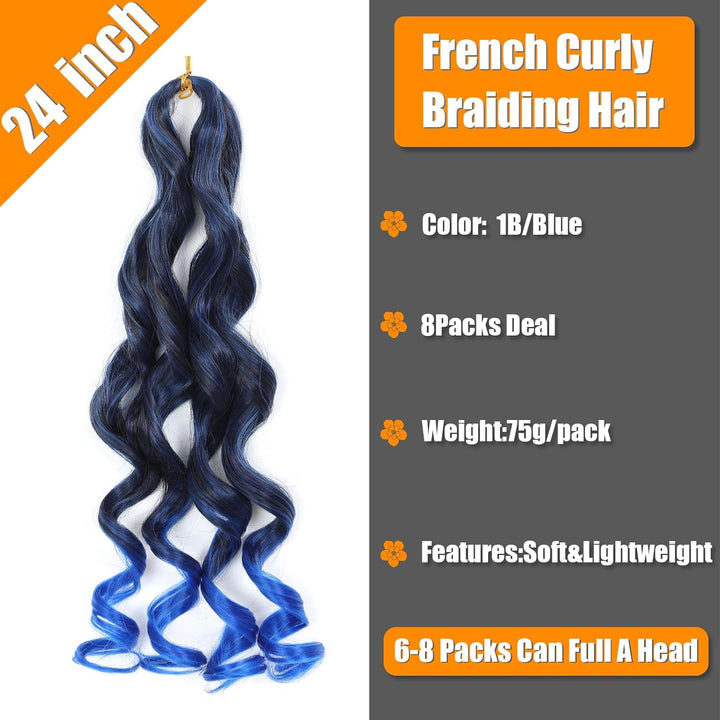 French Curl Braiding Hair 24 Inch 8 Packs Loose Wavy Braiding Hair Pre Stretched 1B/Blue 75g/Pack Cu