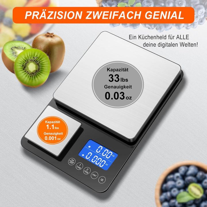 Digitale küchenwaagen mit Dual Plattform–Präzise 500g/0,01g&15kg/1g Messung, Tara-und Summierfunktio