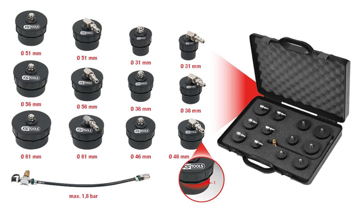 KS Tools 150.1825 Turbolader-Bajonett-Ladeluft-System-Prüfkoffer-Satz, 13-tlg.