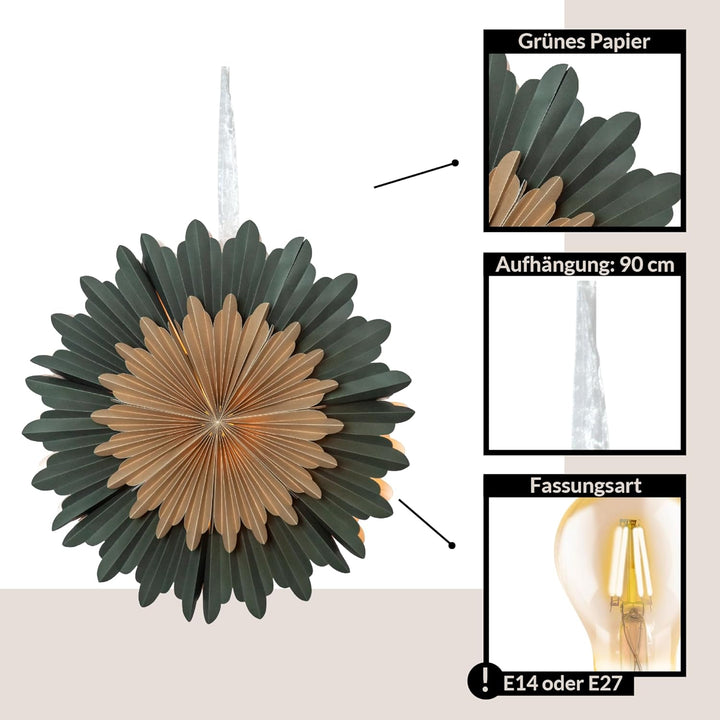 EGLO Weihnachtsstern für innen, Dekostern aus Papier zum Aufhängen, Fensterdeko in Grün und Gold, 3D