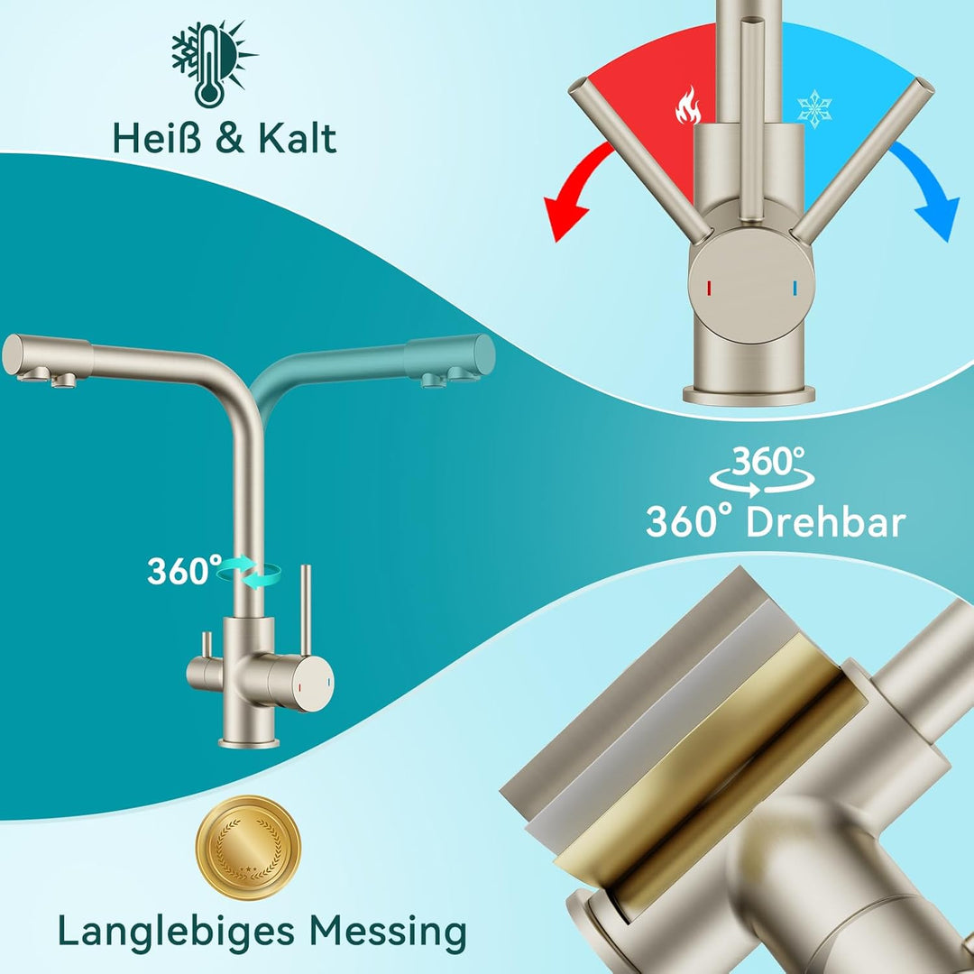FORIOUS Wasserhahn Küche, 3 Wege Wasserhahn Mischbatterie Küche, Zweigriffige Edelstahl-Spülarmature