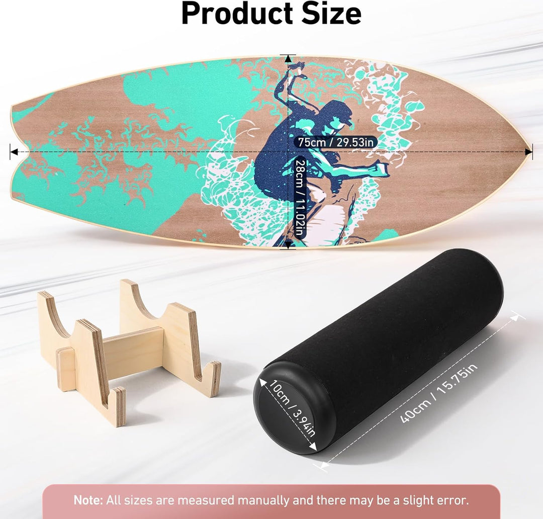 Balance Board mit Korkrolle 33cm, 75x28cm Surfboard Trainer aus Holz, Gleichgewichtsboard mit Stoppe