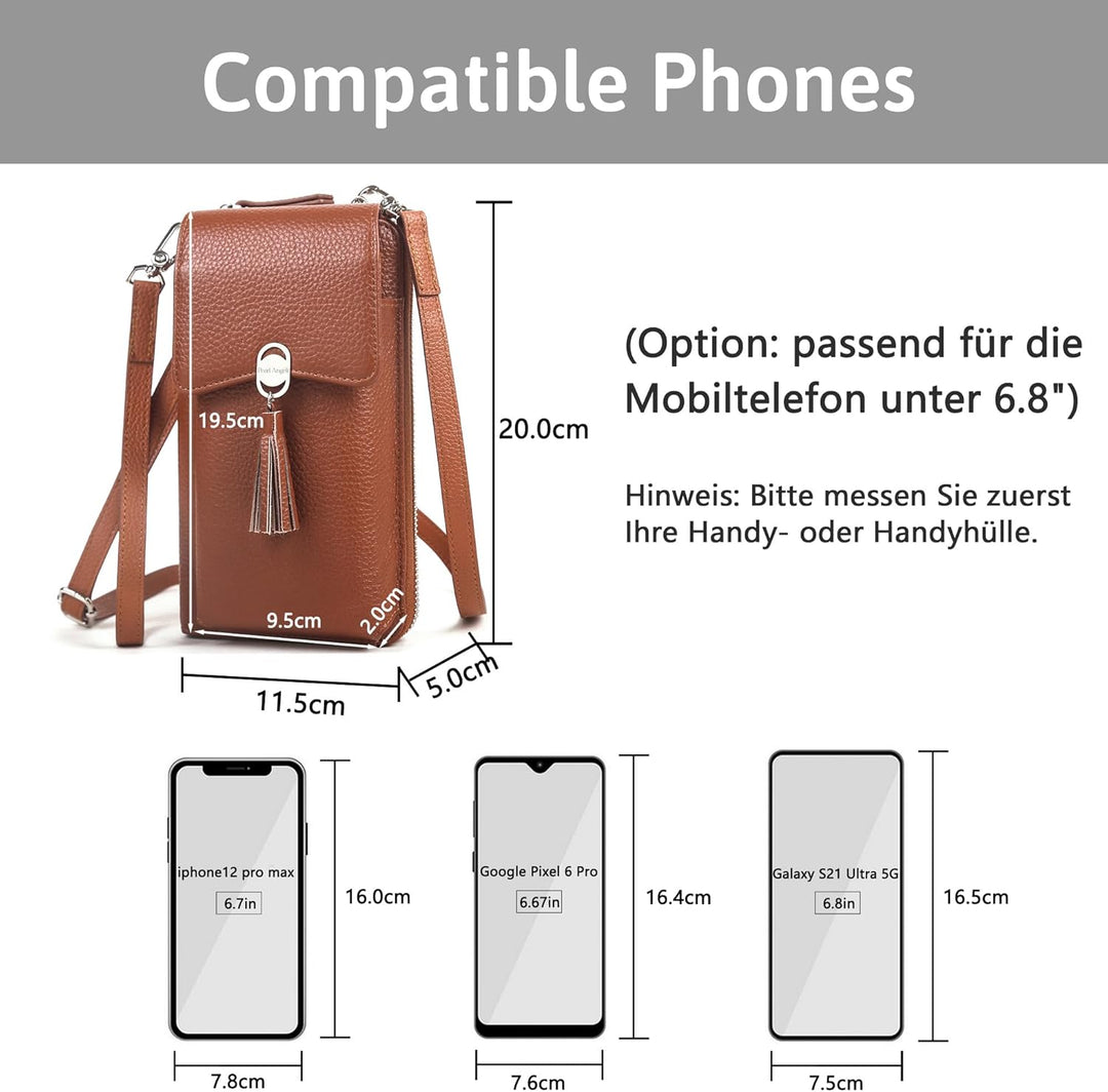 Pearl Angeli Weiches Echtes Leder Handy Umhängetasche - Handytasche Geldbörse Damen RFID Schutz klei