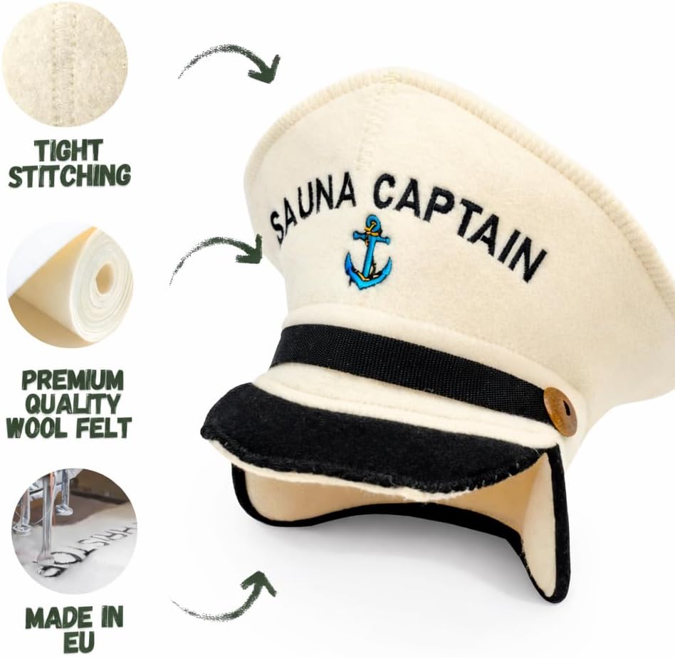 Natural Textile Saunahut 'Sauna Captain' White - 100% organische Wollfilzmützen - Schützen Sie Ihren