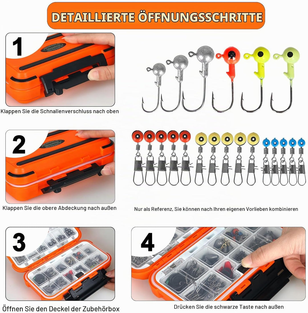 Leeko 316 Stück Angelzubehör-Set mit Wasserdichter Angelkoffer inklusive Bleihaken, Bleidrops, Wirbe