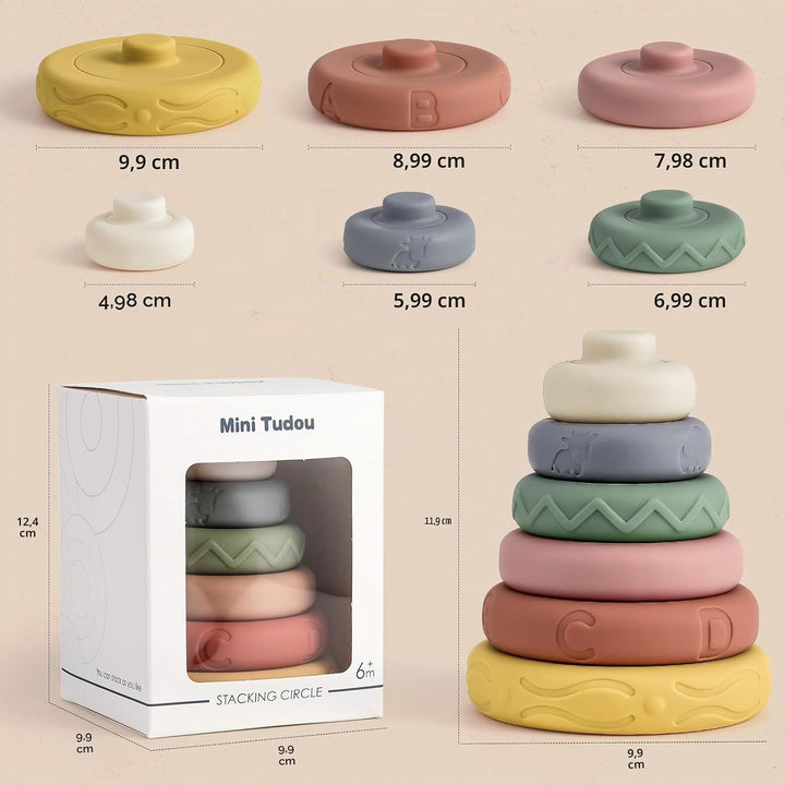 Mini Tudou 6 Stück Stapelspielzeug mit Ringen,Stapelturm & Beissringe für Stapelspiel,Squeeze Zahnen
