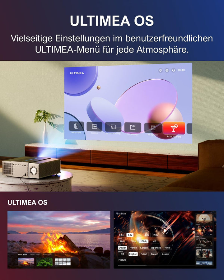 ULTIMEA Beamer 4K Heimkino Unterstützt 900 ANSI-Lumen mit Hindernisvermeidung und 6D Trapezkorrektur
