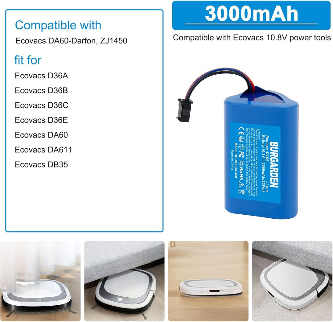 BURGARDEN 10.8V 3000mAh Li-ion Ersatzakku für Ecovacs D36A D36B D36C D36E DA60 DA611 DB35 Deebot Sli