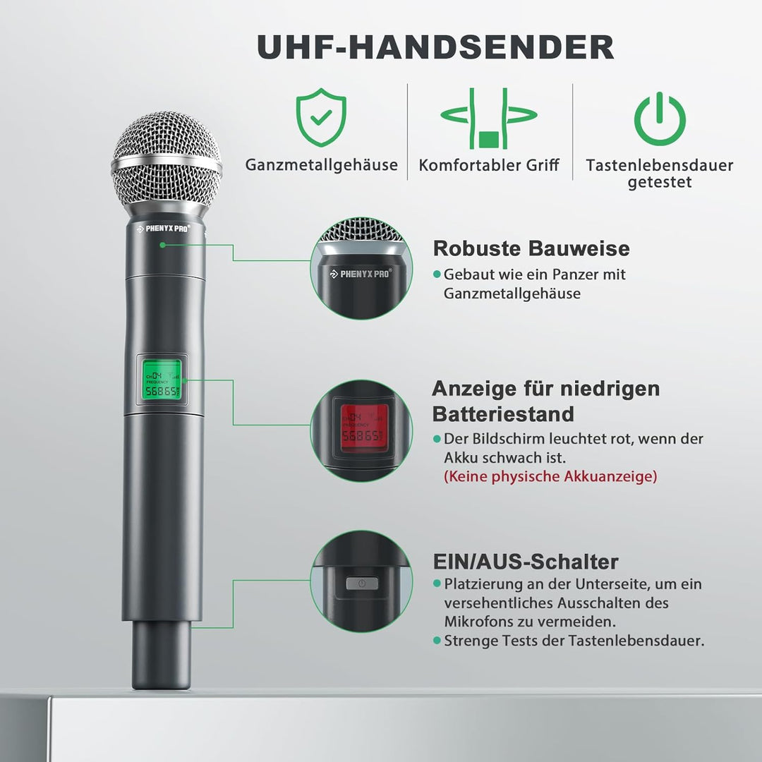 Phenyx Pro Mikrofon kabellos,4-Kanal Karaoke Mikrofon,Kabelloses Festfrequenz-Metall-Funkmikrofon mi