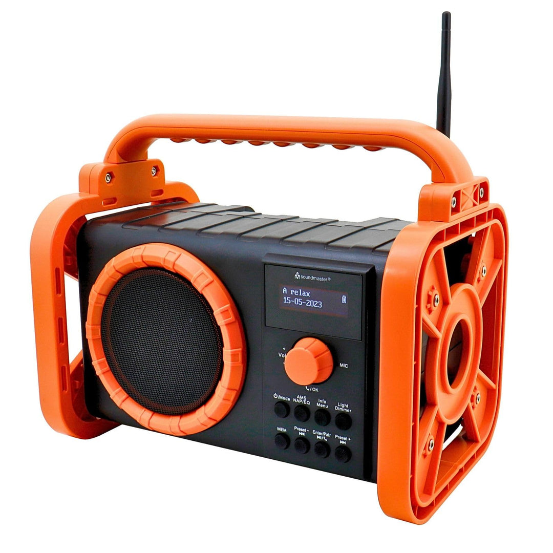 Soundmaster DAB80OR Baustellenradio mit DAB+ UKW Bluetooth und Li-Ion Akku IP44 Staub- und spritzwas