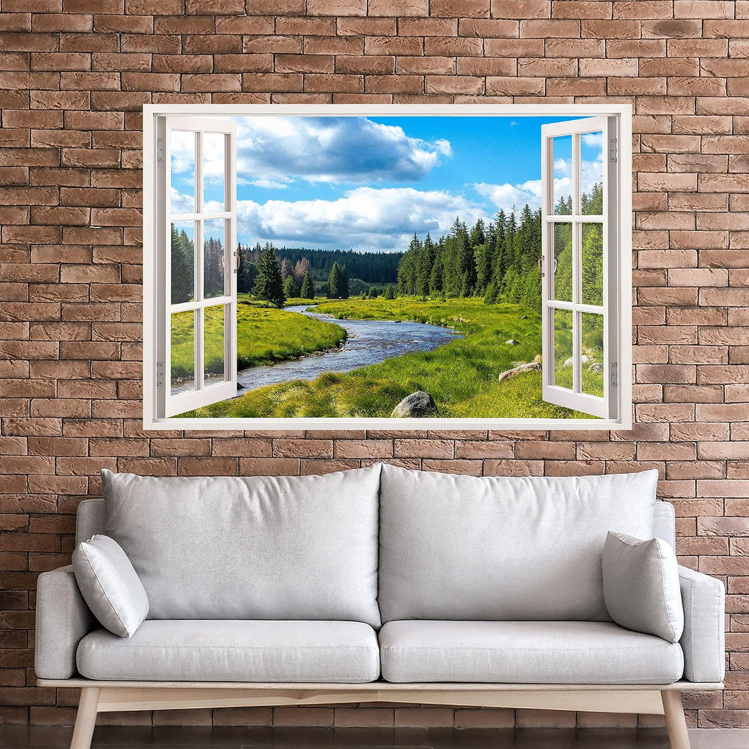 Leinwandbild mit Fensterblick – Berge und Fluss 60 x 40 cm - Keilrahmen mit Druck, Berge und Fluss 6