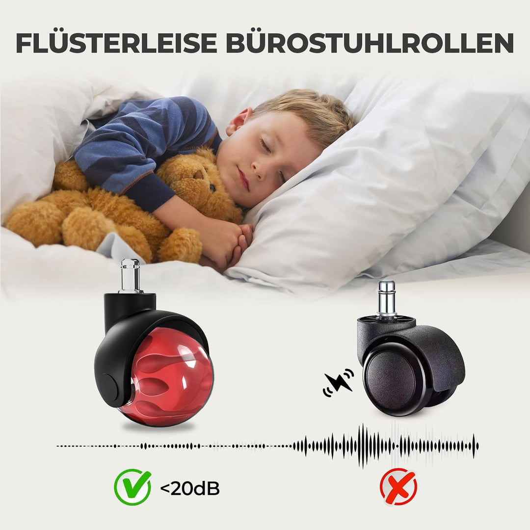 Sytopia Bürostuhl Rollen 5er Set in Rot, Rollen für Bürostühle 11 x 22 mm für Teppichböden, Hartbode