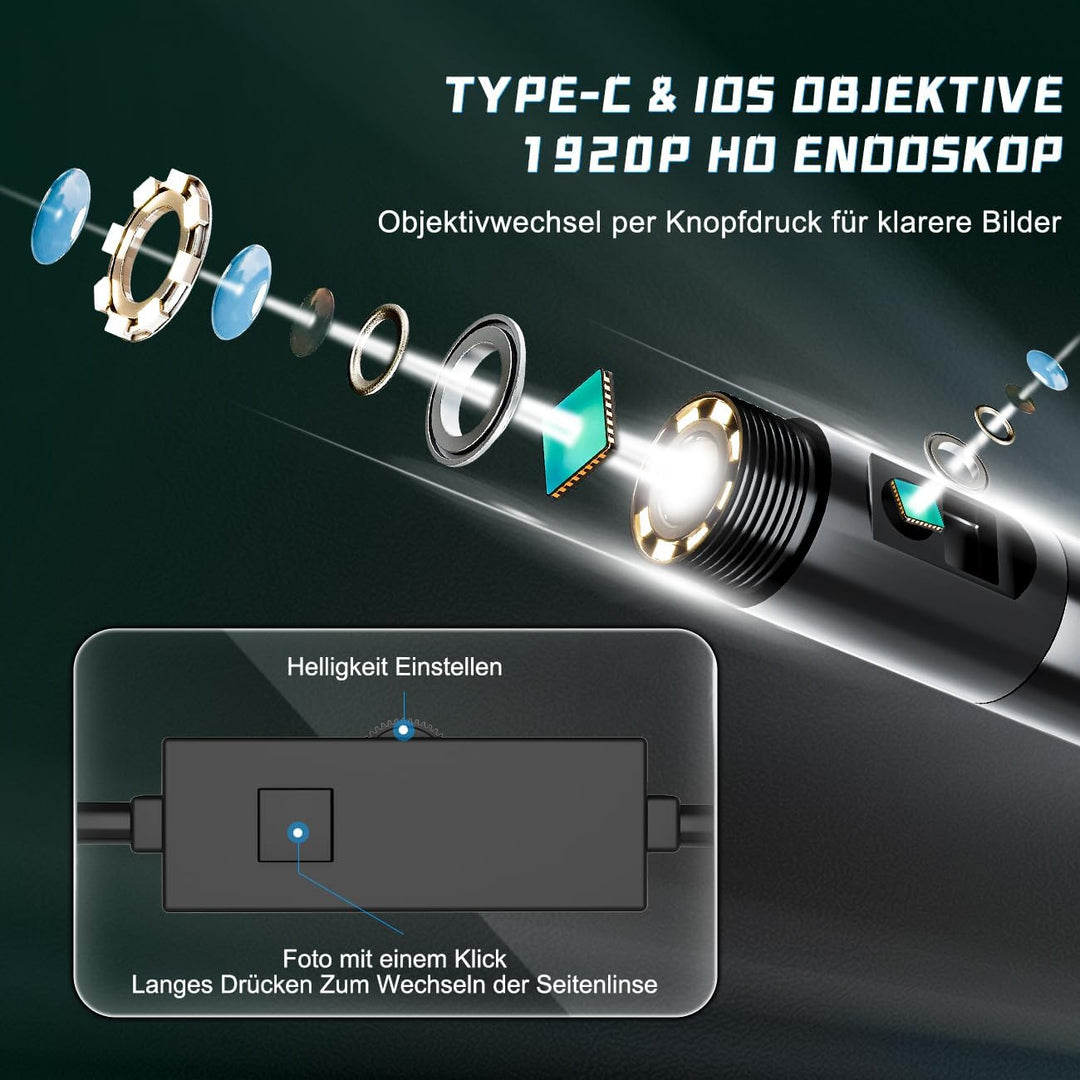 Maylatte Doppellinse Endoskopkamera mit Licht, 7.9mm 1920P HD Inspektionskamera mit 8+1 Lichtern, IP